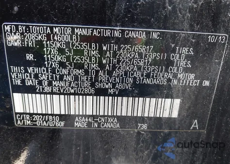 2013 Toyota Rav4 Le z USA, uszkodzony, nr VIN 2T3BFREV2DW102806